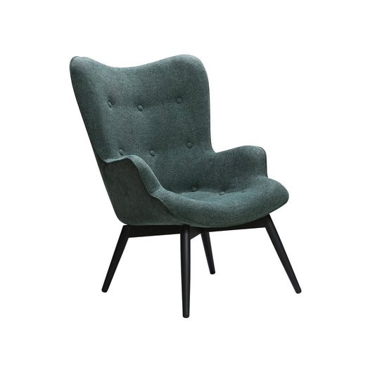 Fauteuil dennengroen structuurstof – Scandinavisch design met zwarte metalen poten