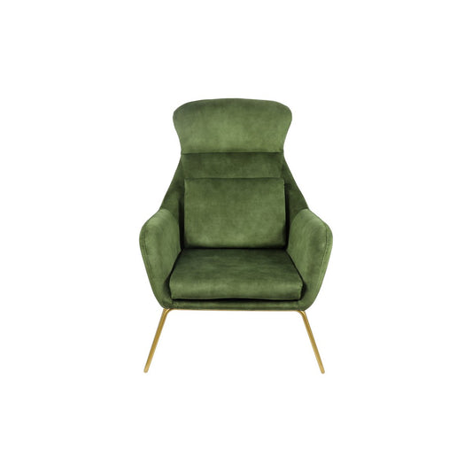 Groene fluweelvelours relaxfauteuil met messingkleurig frame — zijaanzicht