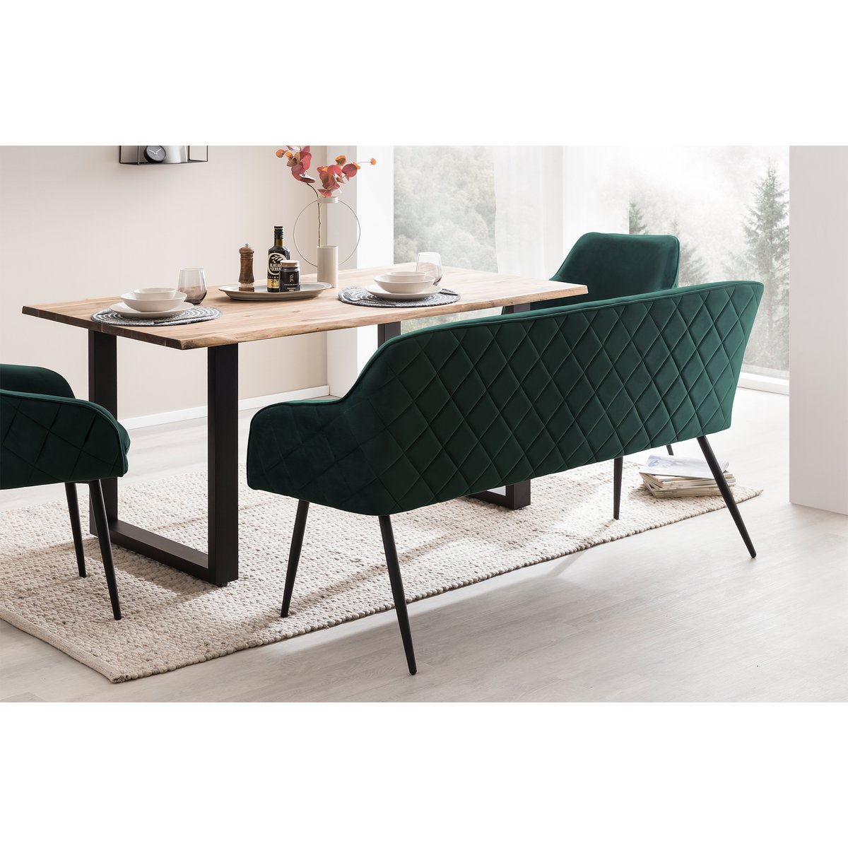 Bank 160 cm fluweel dennengroen – luxe eetkamerbank met armleuningen