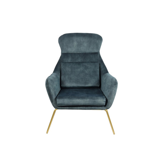 Relaxfauteuil van velours – blauw met messingkleurig frame — zijaanzicht