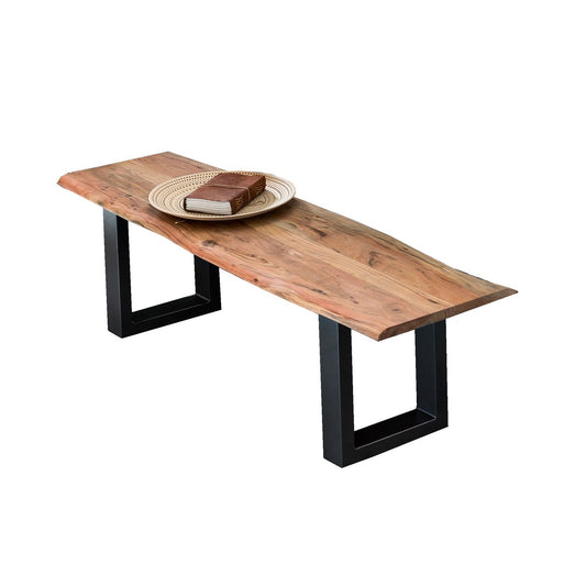 Bank 150 cm – acacia naturel met zwart stalen frame — zijaanzicht