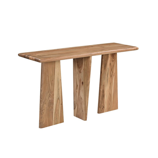 Consoletafel massief acaciahout – afgeronde randen & asymmetrisch frame (130×40×75 cm)