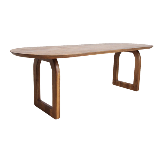 Bullnose eettafel bruin met open onderstel – massief mangohout en organisch desi — zijaanzicht