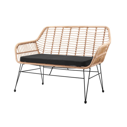 Bank in naturel rotan-look met zwart frame – 2-zits, binnen & buiten
