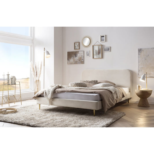 Gestoffeerd bed met beige fluweel 180x200 cm – goudkleurige poten — zijaanzicht