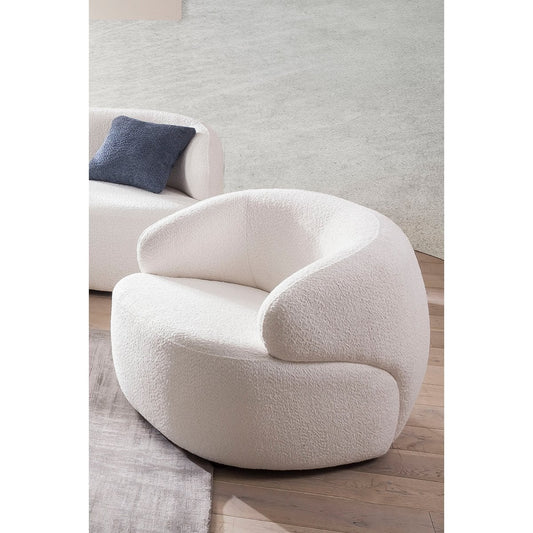 Fauteuil bouclé stof wit – Scandi cocktailstoel — zijaanzicht