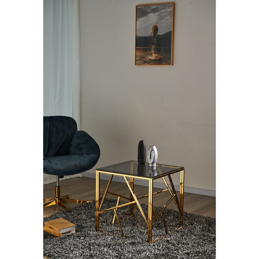 Bijzettafel goud/grijs 55x55 cm – veiligheidsglas & goudkleurig RVS