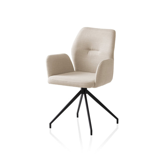 Elegante SalesFever eetkamerstoel in beige stof met zwarte metalen poten en 180 graden draaifunctie, geschikt voor moderne interieurs