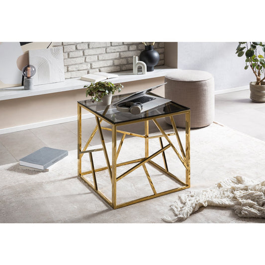 Bijzettafel goud/grijs 55x55 cm – veiligheidsglas & goudkleurig RVS