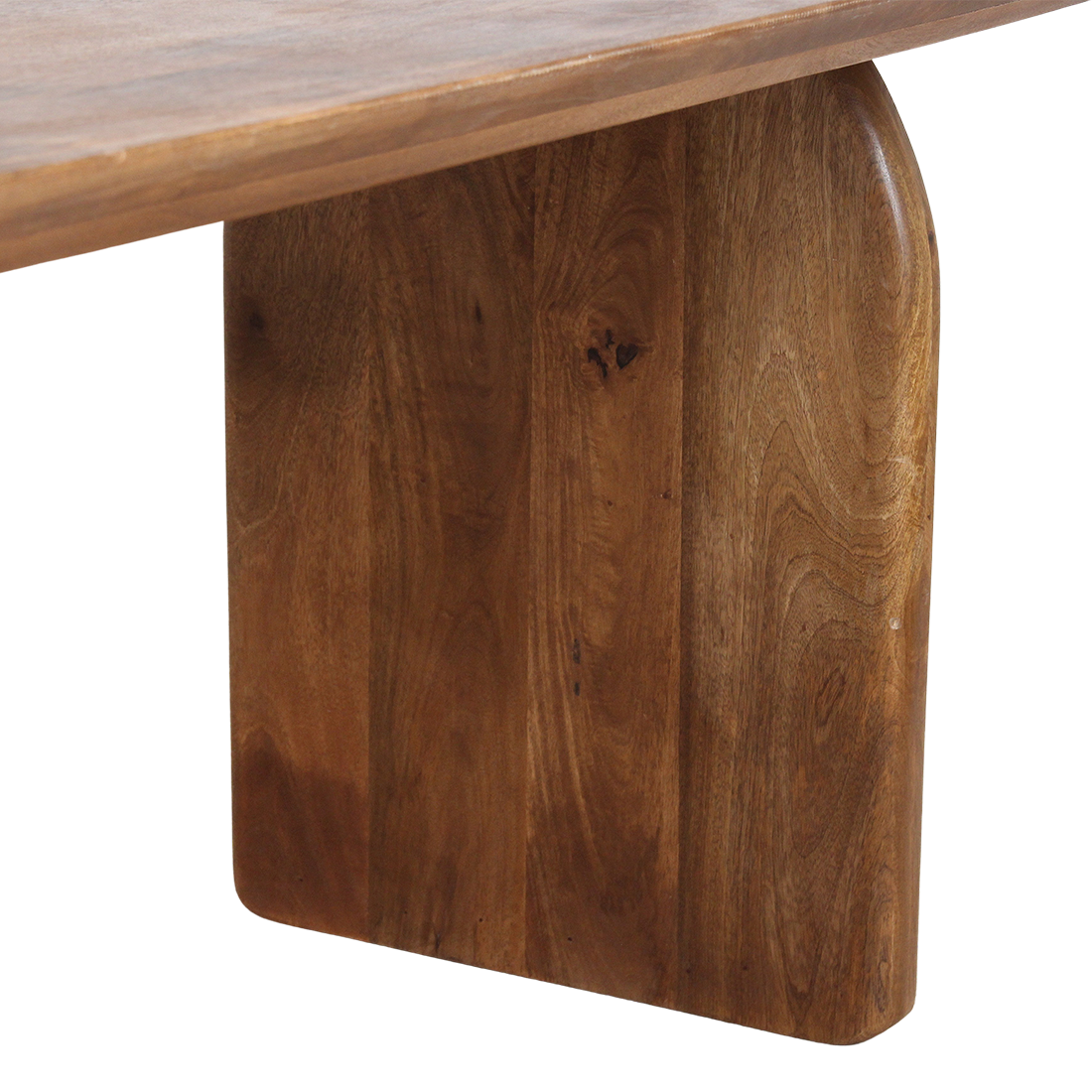 Bullnose eettafel bruin – gesloten onderstel (mangohout) — achteraanzicht — MEUBELIER
