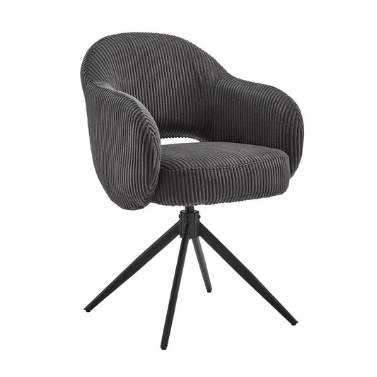 Donkergrijze draaifauteuil met armleuningen – cordlook, 360° en auto-return — zijaanzicht