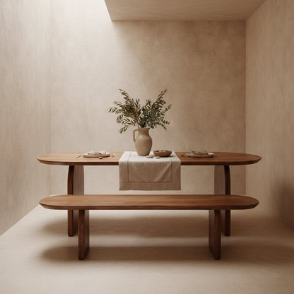 Bullnose eettafel bruin – gesloten onderstel (mangohout) — zijaanzicht