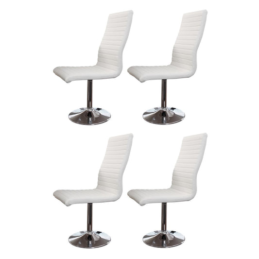Set van 4 SalesFever eetkamerstoelen in wit kunstleerlook, 360 graden draaibaar, met verchroomde trompetvoet, staand in een moderne eetkamer