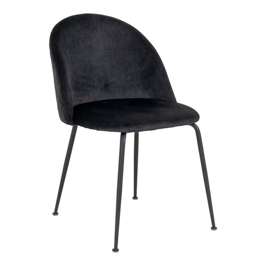 Set van twee House Nordic Geneve eetkamerstoelen in zwart fluweel met slanke zwarte stalen poten, modern design.
