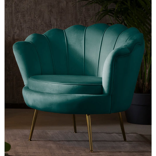 Fluwelen schelpfauteuil – Groen met goudkleurige poten