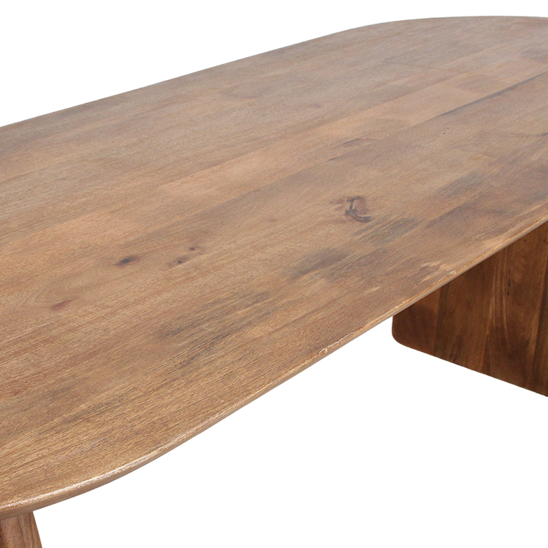 Bullnose eettafel bruin – gesloten onderstel (mangohout) — schuine hoek — MEUBELIER