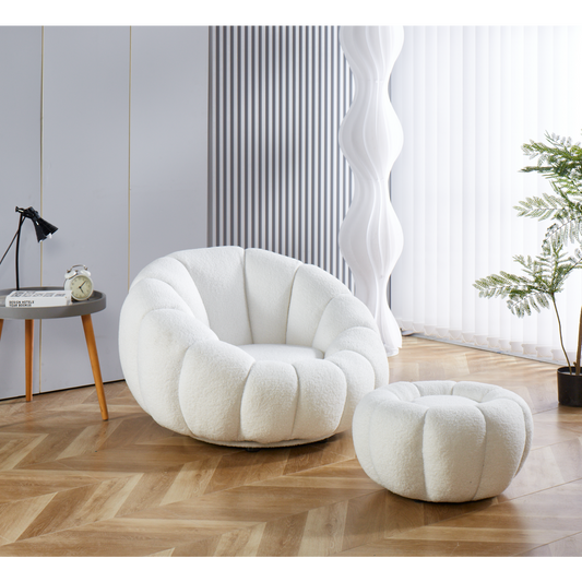 Fauteuil- en krukset van wit teddybont met 360° draaiing