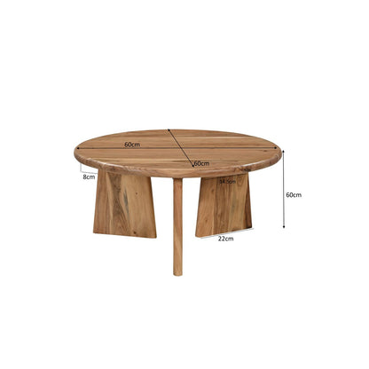 Zijtafel van massief acaciahout met asymmetrisch frame – rond tafelblad (4 cm)