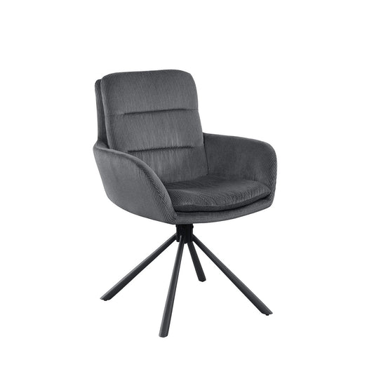 SalesFever eetkamerstoel in donkergrijze corduroy-look met 360 graden draaifunctie en zwart metalen frame