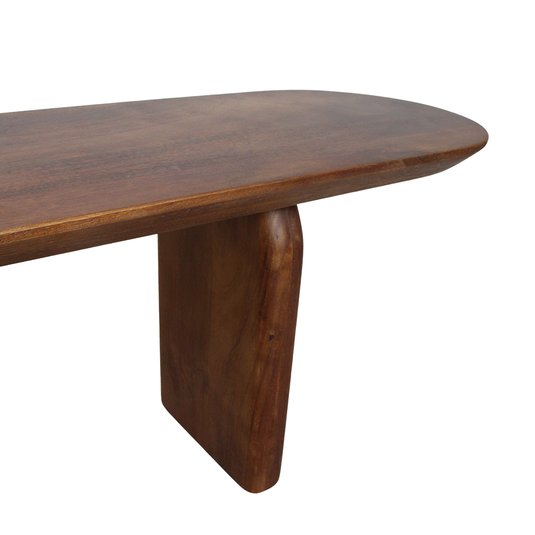 Bullnose eetkamerbank bruin van mangohout — schuine hoek — MEUBELIER