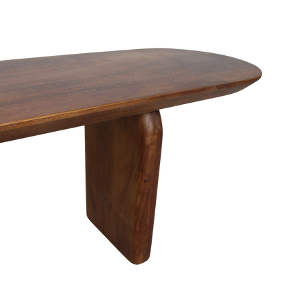 Bullnose eetkamerbank bruin van mangohout — schuine hoek — MEUBELIER