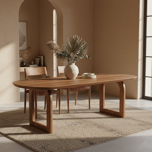 Bullnose eettafel bruin met open onderstel – massief mangohout en organisch desi — eettafel kopen bij MEUBELIER