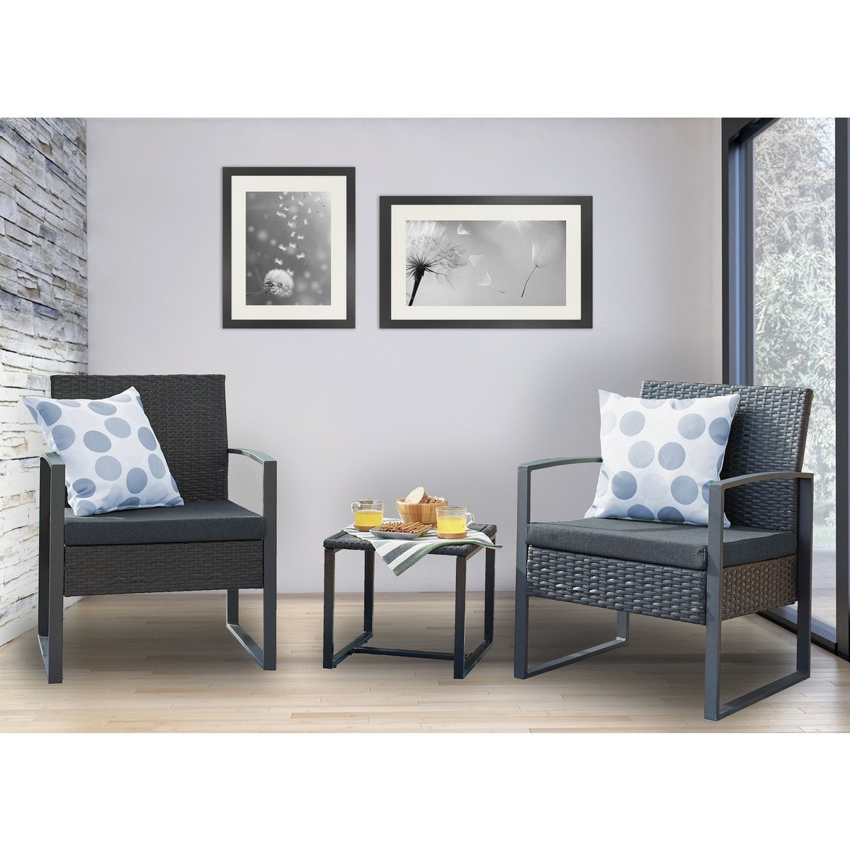Zitgroep 3-delig rotan – 2 stoelen + bijzettafel (grijs/groen) — kleurdetail — MEUBELIER