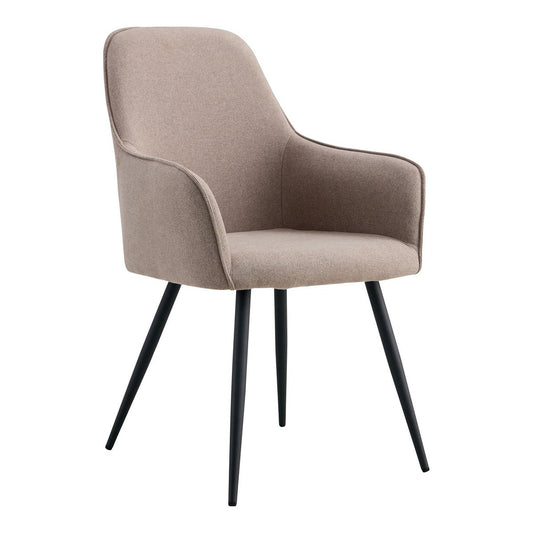 Set van twee House Nordic Harbo eetkamerstoelen in steenkleurig polyester met zwarte metalen poten, vanuit een lichte hoek gefotografeerd.