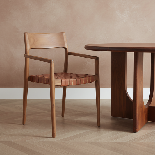 Raw Materials Freya eetkamerstoel met armleuning, bruin leren zitting en teakhouten frame, perfect voor een industriële of Scandinavische eethoek