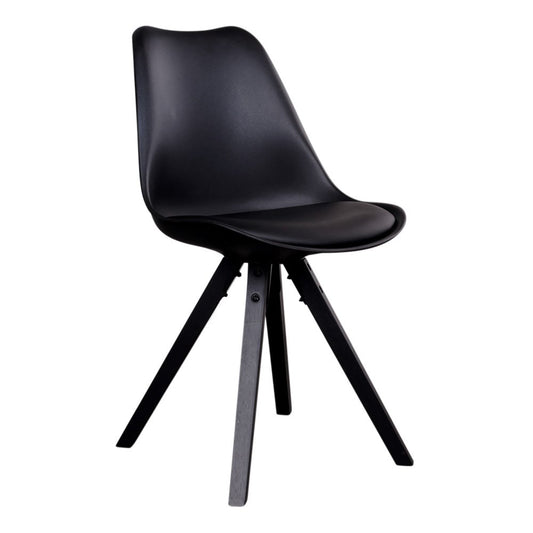 Set van twee House Nordic Bergen eetkamerstoelen in zwart PU-leer met rubberhouten poten, modern design.