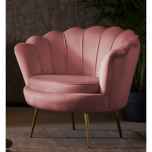 Shell fauteuil in fluweel – Roze met goudkleurig onderstel