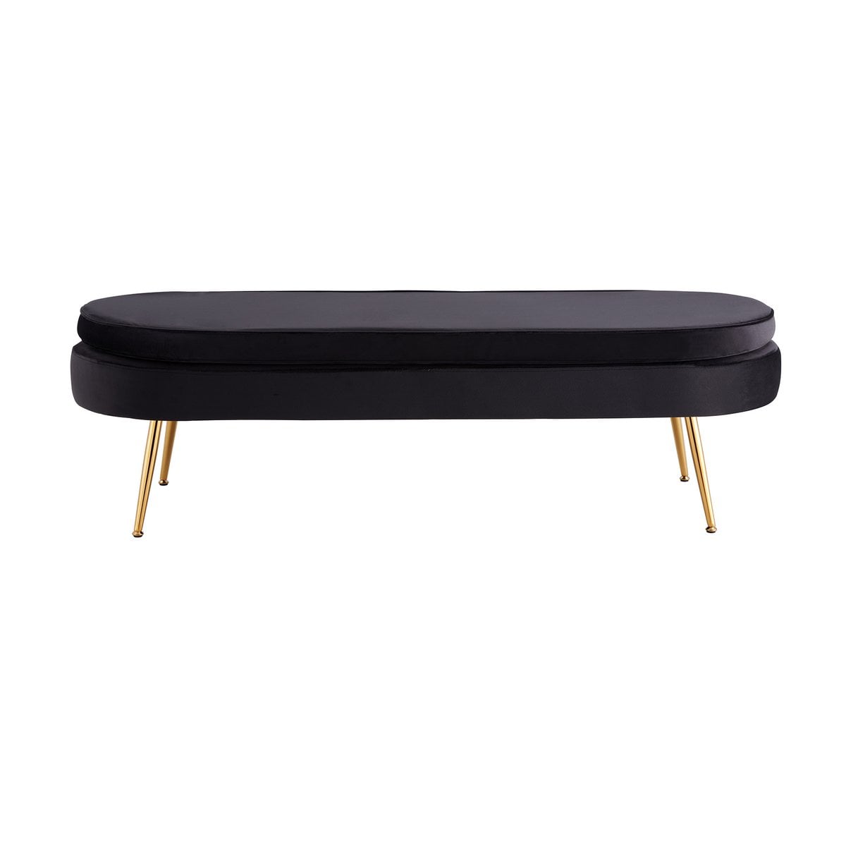 Ovale poef van zwart fluweel met goudkleurig frame – 142 cm