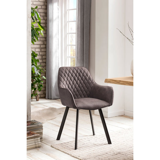 Set van 2 SalesFever eetkamerstoelen in taupe microvezel met zwart metalen frame, zijaanzicht, industriële stijl