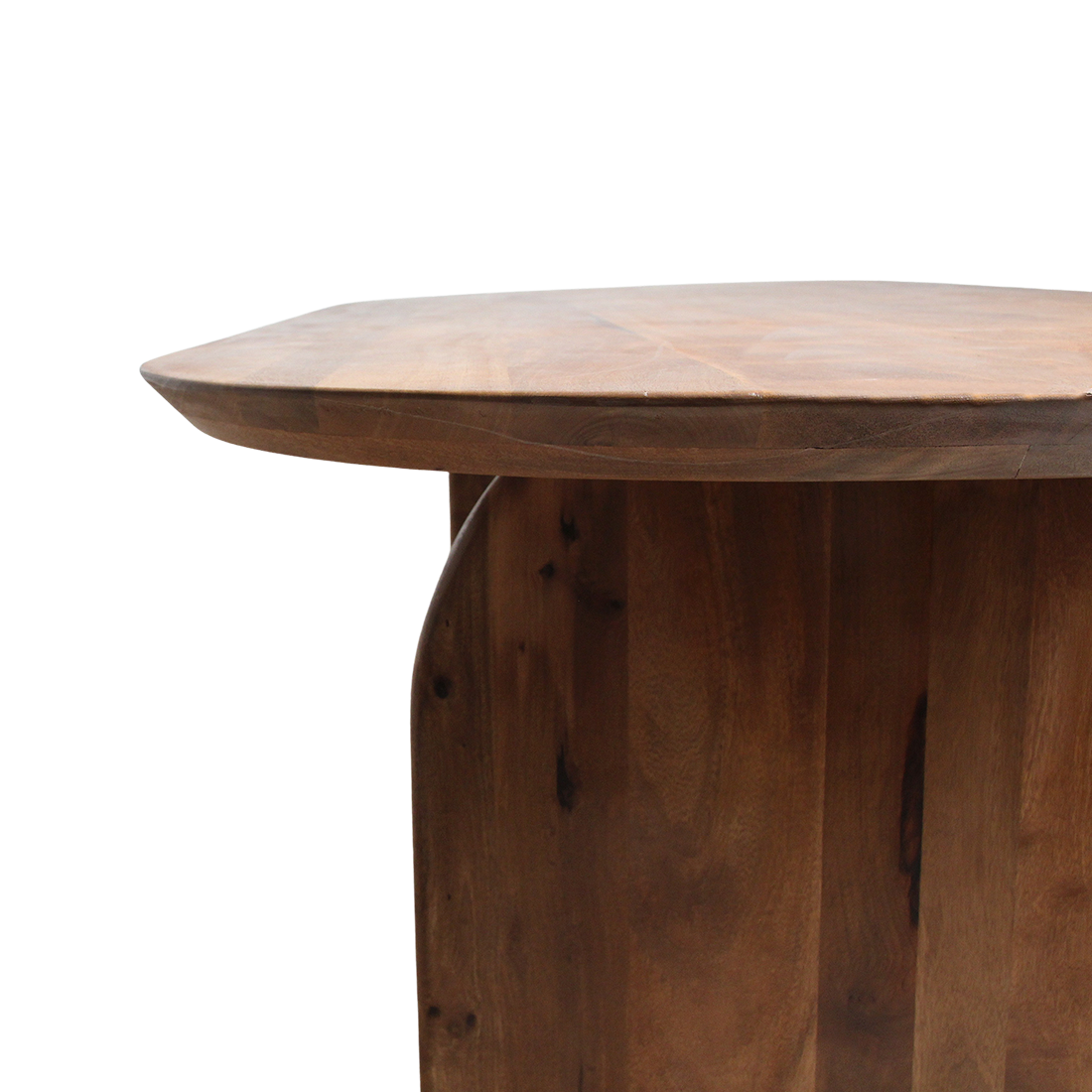 Bullnose eettafel bruin – gesloten onderstel (mangohout) — close-up materiaal — MEUBELIER