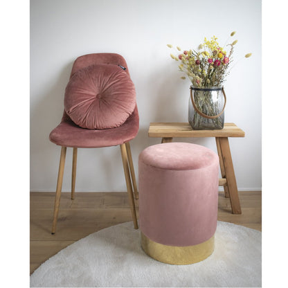 Gamby Poef – Roze Fluweel met Messingkleurig Onderstel (Ø34x43 cm)