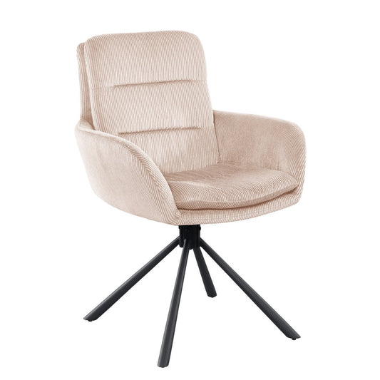 SalesFever eetkamerstoel in beige corduroy look met zwarte stalen poten, 360 graden draaibaar, zijaanzicht