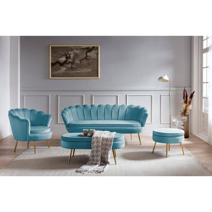 Ovale poef blauw fluweel met goudkleurig metalen frame – SalesFever