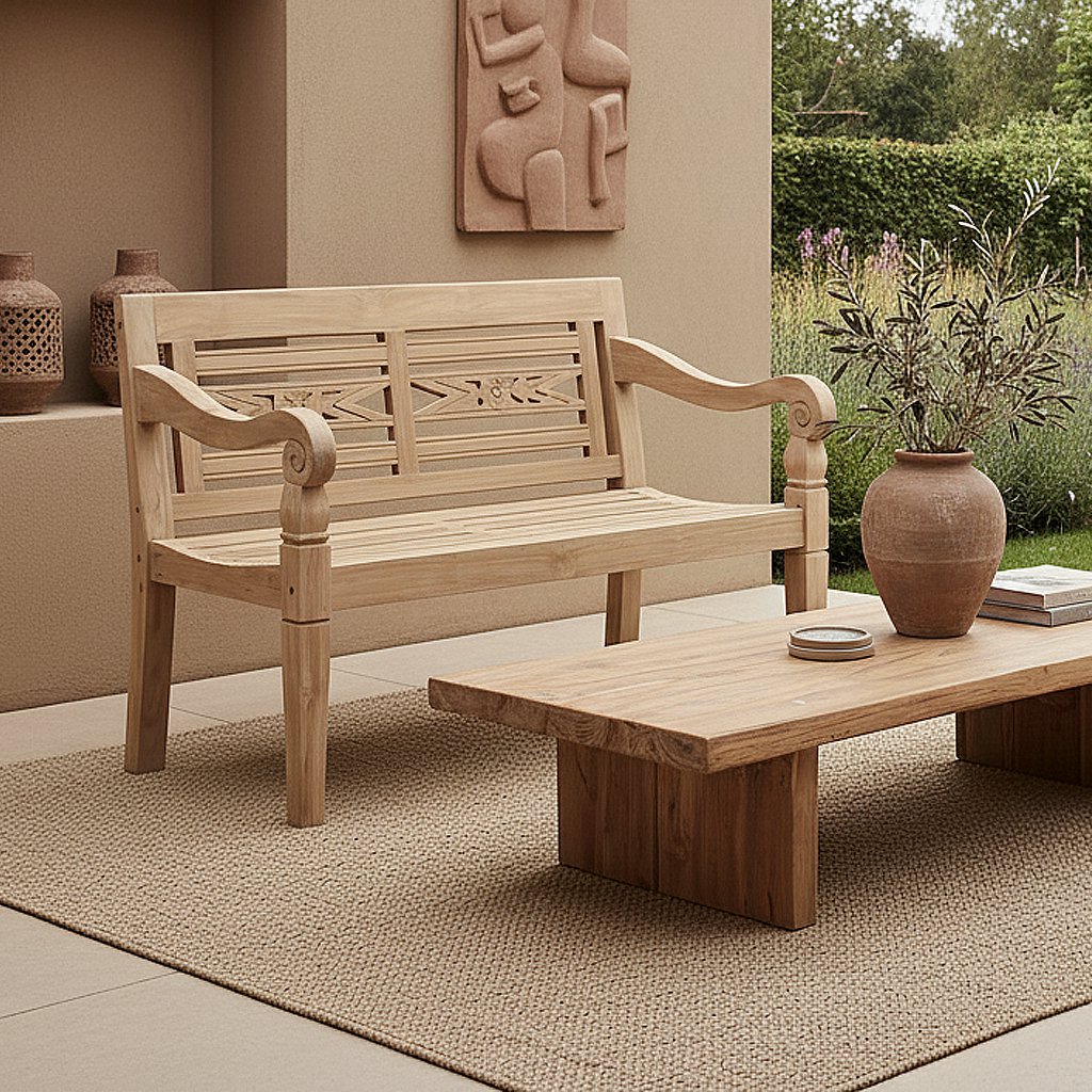 Boho tuinbank – teakhout – 120 cm — houten bank kopen bij MEUBELIER