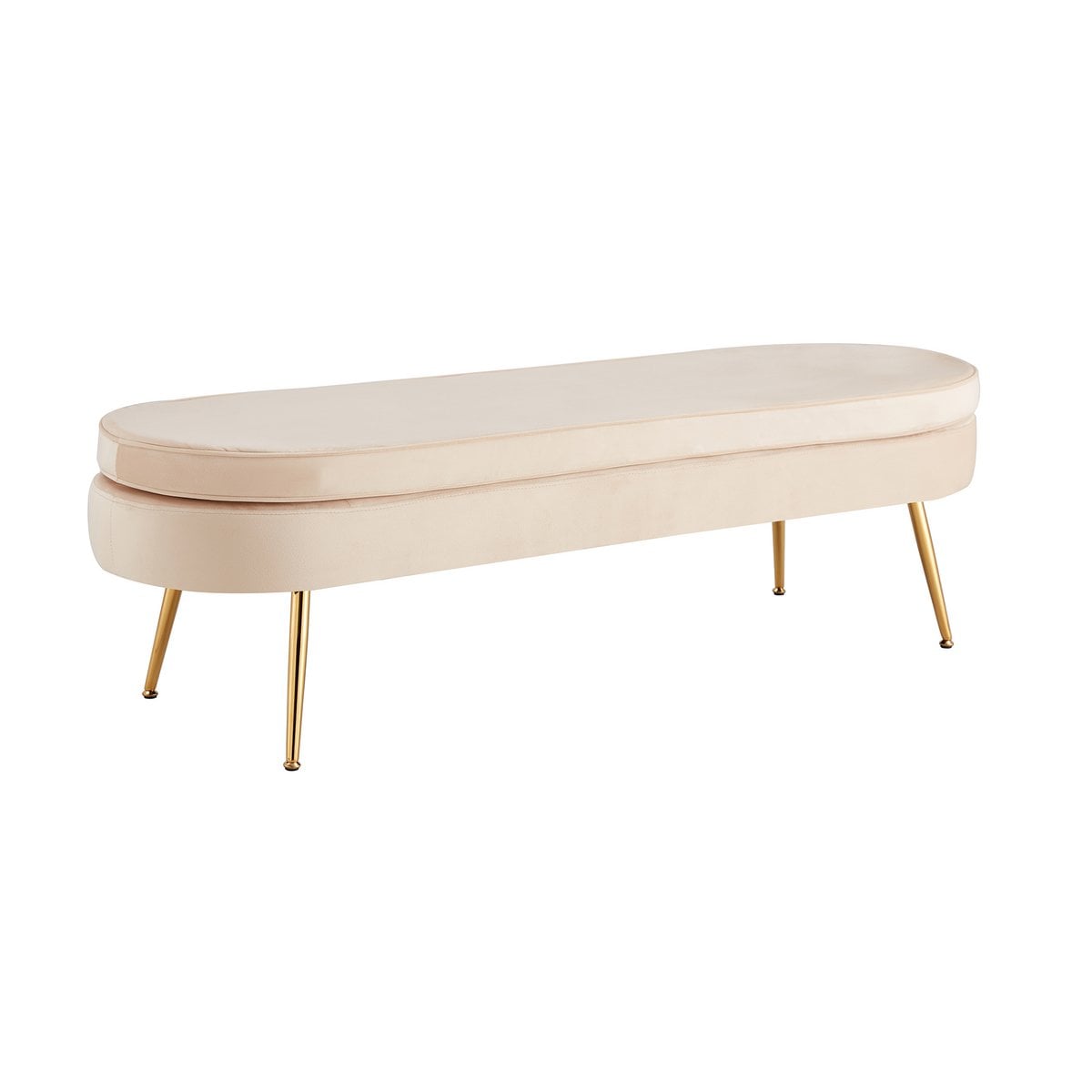 Poef ovaal lang van beige fluweel met goudkleurig frame