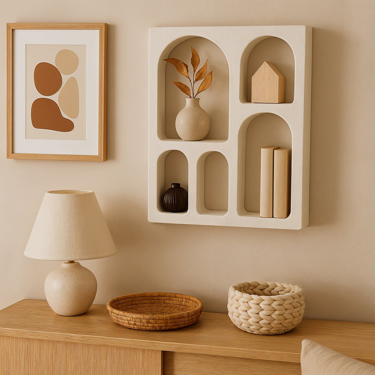 Wandplank met 5 open vakken – Scandinavisch wit kalkpleister (60x80 cm)
