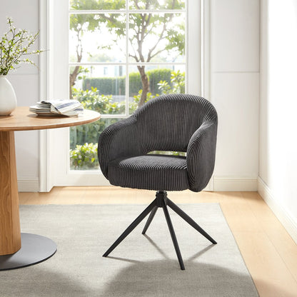SalesFever donkergrijze draaibare eetkamerstoel met armleuningen, cordlook stof en matzwart metalen frame