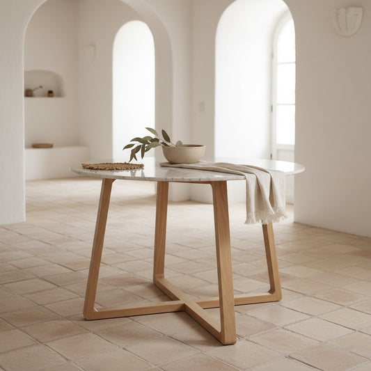 Infinity ronde marmeren eettafel 120 cm – Sungkai hout onderstel