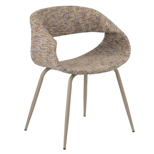 Set van twee Pole To Pole Walvisstoel Retro eetkamerstoelen in beige stof, met organische vormen en zwarte stalen poten, staand in een moderne eetkamer.