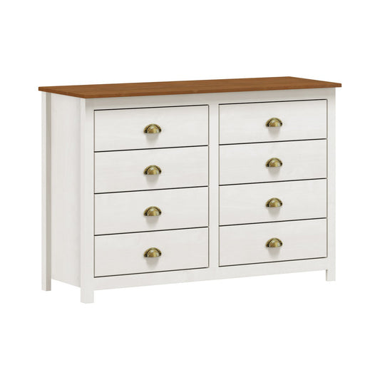Dressoir met 8 laden – massief dennenhout – wit met bruine top (125x85x41 cm) | SIT Möbel