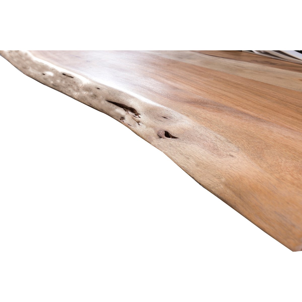 Acaciahouten eettafel 160x85 cm met natuurlijke boomrand – antiek zwart frame