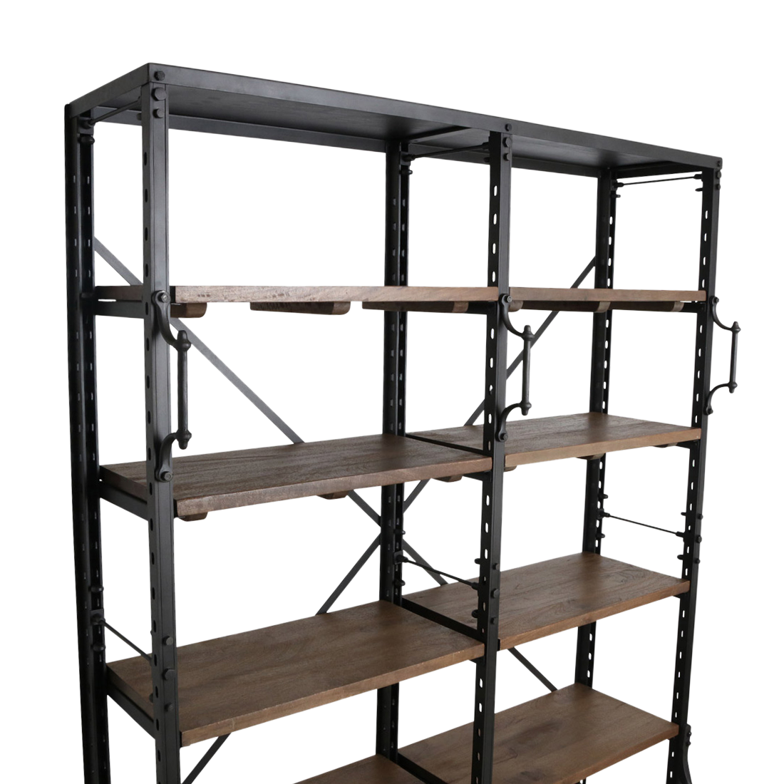 Archiefkast dubbel – industriële boekenkast met 12 houten planken — close-up materiaal — MEUBELIER