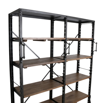Archiefkast dubbel – industriële boekenkast met 12 houten planken — close-up materiaal — MEUBELIER