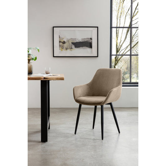 Set van twee beige corduroy eetkamerstoelen van SalesFever met een zwart metalen frame, staand in een moderne ruimte