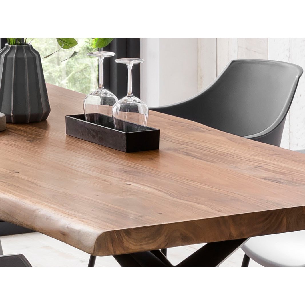 Acaciahouten eettafel 160x85 cm met natuurlijke boomrand – antiek zwart frame
