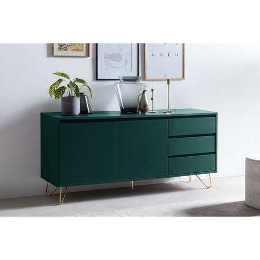 Scandinavisch dressoir groen – 2 deuren, 3 lades, gouden poten (150 cm)